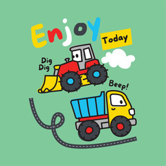 Naklejka premium Playful Cartoon Construction Vehicles with Bulldozer and Dump Truck