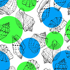 Seashells seamless pattern vector illustration. Hand drawn.