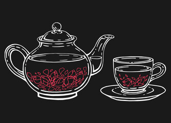 Tea set with glass teapot and cup, rose. Hand drawn vector illustration in outline style.