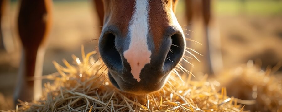 Bay horse muzzle with white spot eats dry hay in golden hour sunlight. Close up on nostrils. Livestock feeds on straw. Agriculture, rural farm life.