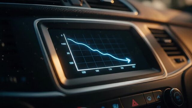 Car dashboard screen showing declining graph, loss, financial decline, economy