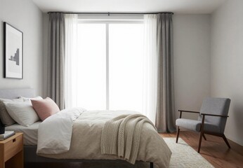 Fototapeta premium Bright Bedroom Interior Design with Natural Light, Neutral Colors, Comfortable Bedding and Modern Furniture