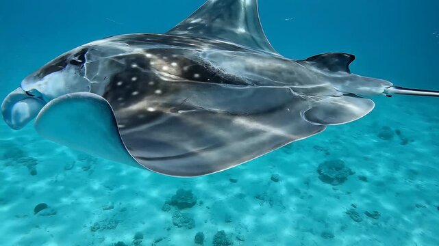Manta Ray Side View Underwater, Giant Marine Ray Swimming, Ocean Wildlife Background