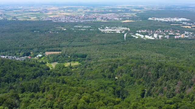 Panoramic aerial view of the castle Burg Frankenstein close to the city M&uuml;hltal in Germany. On a sunny day in Summer. 