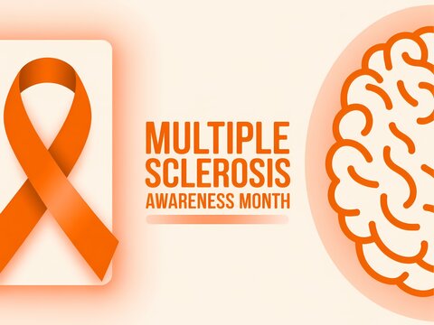 Multiple sclerosis awareness month with orange ribbon and brain