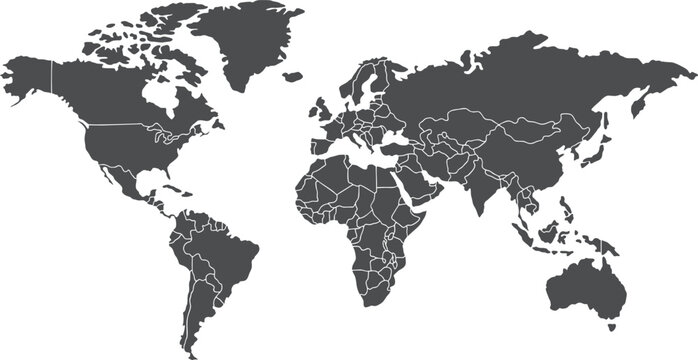 World map continents with country borders silhouette