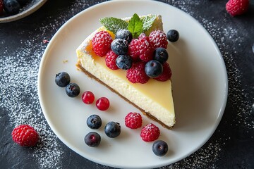 San Sebastian cheesecake with berries on a white plate, top view.