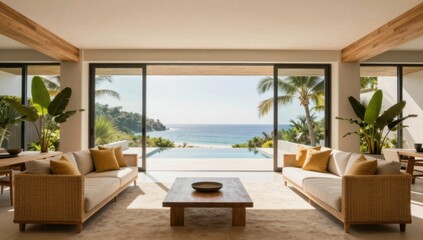 Fototapeta premium Luxury Villa Interior with Ocean View, Featuring Elegant Sofas and a Stunning Beachfront Setting