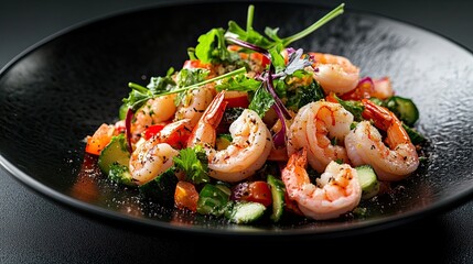 Shrimp and vegetable salad on a black plate on a black background.