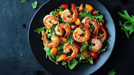 Shrimp and vegetable salad on a black plate on a black background.