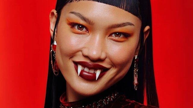 Fashion portrait of confident vampire woman with bold makeup and sharp eyeliner on vibrant red background conveying glamour power elegance and contemporary beauty aesthetics