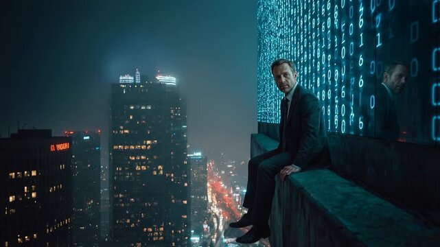 Businessman sitting on skyscraper ledge overlooking illuminated city at night representing risk ambition solitude and corporate pressure in urban environment