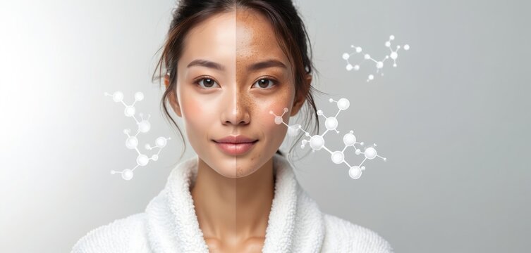 Split face comparison shows skin with hyperpigmentation spots and clear skin. Molecular structures overlay suggest scientific approach to skincare treatments and solutions.