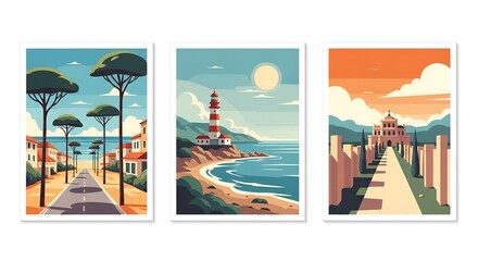 Coastal landscapes art prints set, mediterranean views, travel posters