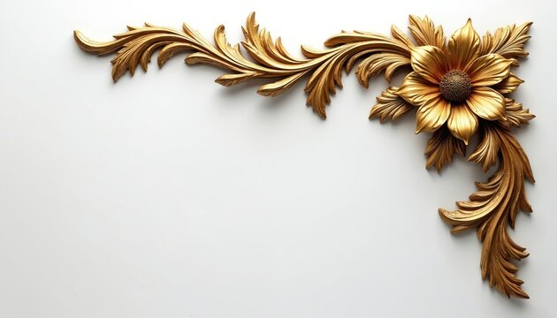 Gold floral ornament for corner decor. Ornate swirling leaves and a large flower bloom. Elegant classical design element on white background. Luxury home interior embellishment.