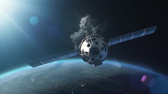 A satellite of the fire earth. a satellite flying in space over the firing globe 