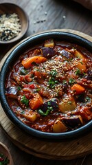 Spicy Korean eggplant stew with tomatoes, paprika, carrots, onions and garlic.