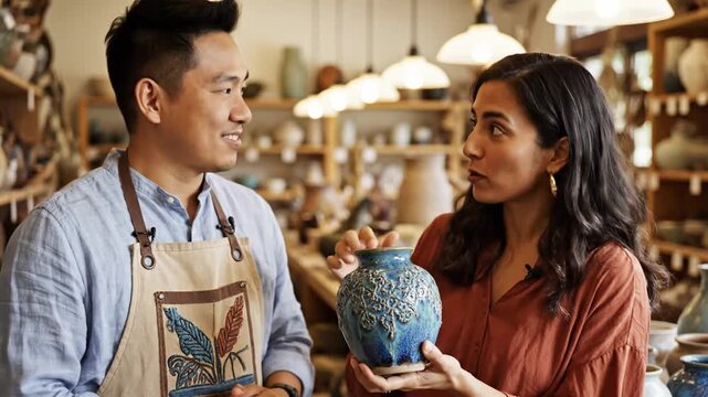 Artisan showing handmade ceramic vase to happy customer in pottery shop