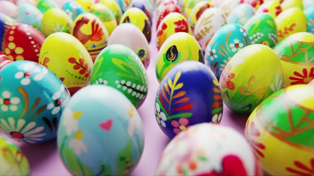 Colorful hand painted easter eggs with folk patterns on a pink background
