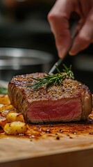 The chef hand-cooks the steak and adds seasonings using a freezing technique.
