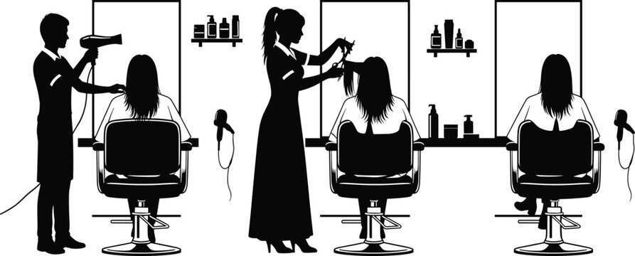 Black and white hair salon silhouette set featuring stylists cutting and blow drying hair for female customers in professional beauty shop interior
