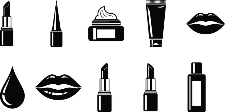 Black and white makeup icons set featuring lipstick tubes lip gloss cream jar lotion tube full lips and liquid drop in vector style
