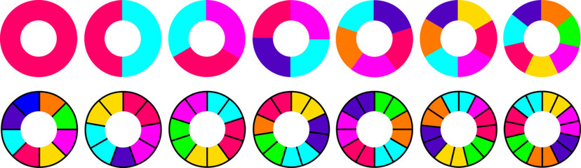 Obraz premium Pie chart set. Colorful segmented circle icons. pie chart divided equal parts. Pie chart collection. Pie chart. Colorful circle diagram with sections or parts pie