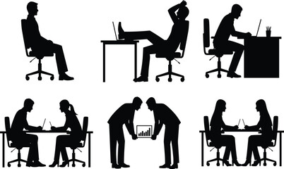 Black silhouette vector illustration of office workers using laptops in various workplace scenarios including collaboration, posture, and teamwork dynamics