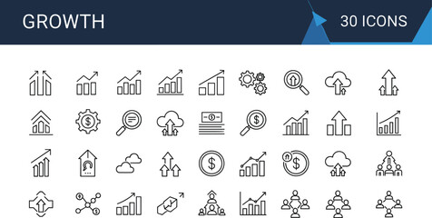 Professional Business Growth and Financial Success Line Icon Set Featuring Revenue Charts, Investment Strategy, Upward Trends, and Corporate Scaling Symbols for Fintech