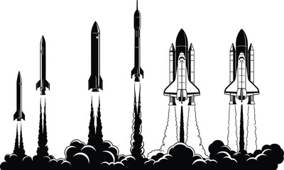 Black silhouette vector illustration of rockets launching with exhaust plumes and smoke clouds, showcasing diverse designs for space exploration themes © Amina
