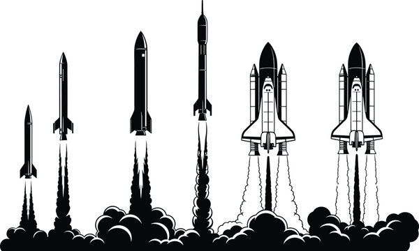 Black silhouette vector illustration of rockets launching with exhaust plumes and smoke clouds, showcasing diverse designs for space exploration themes