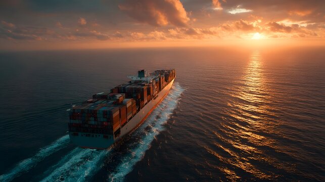 Aerial front view captures massive cargo container ship navigating deep blue ocean at sunset with stacked colorful containers and golden sun.