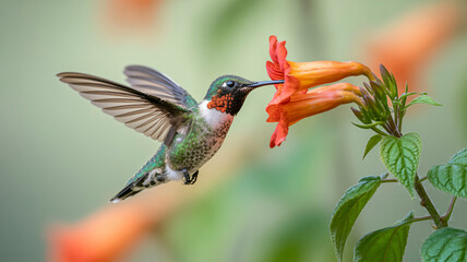 Vibrant hummingbird feeding from bright orange flower in lush garden