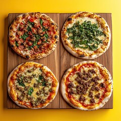 Three different styles of pizza are presented on wooden boards with a bright yellow background