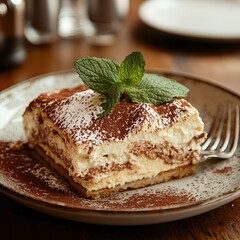 tiramisu dessert topped with a sprig of mint served on a plate at the side of the table