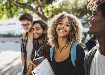 Happy diverse students laughing and talking outdoors on university campus