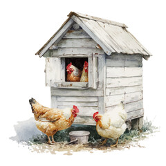 Chicken Coop, watercolor painting vector, isolated on a white background. © F-ART