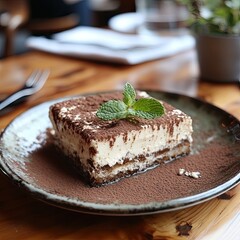 tiramisu dessert topped with a sprig of mint served on a plate at the side of the table