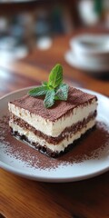 tiramisu dessert topped with a sprig of mint served on a plate at the side of the table