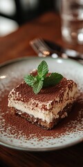 tiramisu dessert topped with a sprig of mint served on a plate at the side of the table