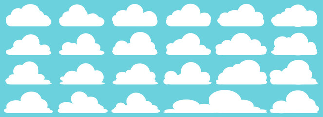 Fototapeta premium set of vector illustrations of clumpy clouds, cloud bubbles in flat style on a blue background