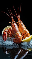 Two large boiled crayfish on ice against a black background with lemon. Shallow depth of field.