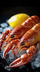 Two large boiled crayfish on ice against a black background with lemon. Shallow depth of field.
