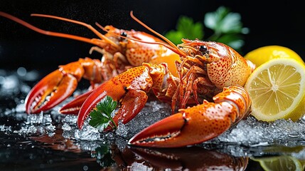 Two large boiled crayfish on ice against a black background with lemon. Shallow depth of field.