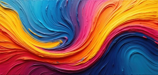 Bold oil paint strokes blend yellow blue red and pink colors. Textured art background displays abstract swirling waves. Dynamic colorful wallpaper suggests movement energy creativity.