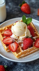 Waffles on a white plate, served with ice cream, sliced strawberries, mint leaf garnish and milk