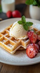 Waffles on a white plate, served with ice cream, sliced strawberries, mint leaf garnish and milk