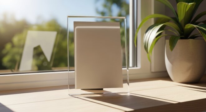 A sleek, modern digital photo frame on a windowsill with a plant in the background, showcasing a minimalist design and a neutral color palette.