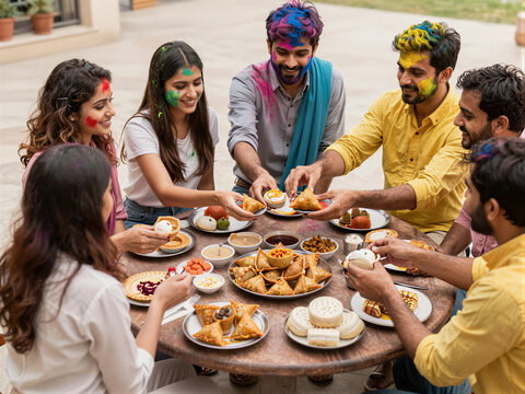 Holi festival - people offer gujiya, mathri, malpuas and other traditional delicacies