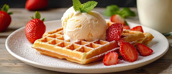 Waffles on a white plate, served with ice cream, sliced strawberries, mint leaf garnish and milk